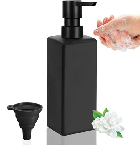 Guokanfly 350ml Black Soap Dispenser, Bathroom Glass Shower Gel Dispenser with Plastic Pump and Funnel, Kitchen Hand Soap Dispenser, Shampoo Dispenser for Bathroom Kitchen Restaurant