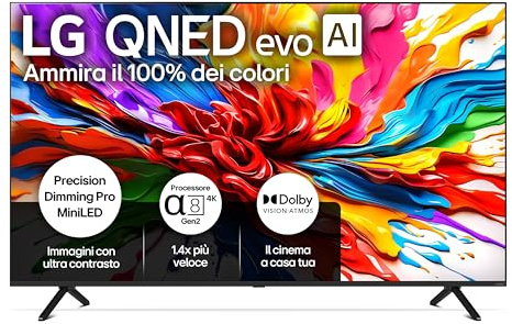 LG QNED evo AI QNED92 Smart TV 75 pollici 4K, Processore α8 Gen2, Precision Dimming Pro con MiniLED, webOS con AI, Dolby Vision & Atmos, Gaming con VRR e FreeSync 4K@144Hz, 75QNED92A6A 2025