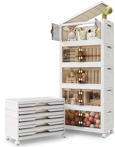 Warmiehomy Storage Box with Lid, 69L*5-Tier Flodable Plastic Storage Bins with Wheel, Stackable Boxes, Space-Saving Storage Organiser for Bedroom, Living Room, Office