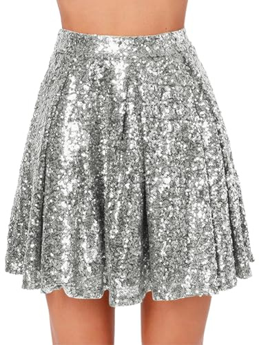 duaicnvow paljettkjol för kvinnor guld gnistrande kjolar halv lurvig kjol höjdpunkter glitter het rave fest konsert klubb utekväll, SILVER, XL