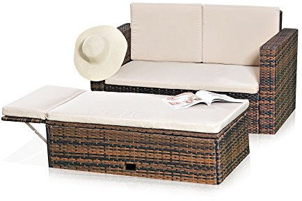 Melko Gartenset Polyrattan mehrteilige Sofa-Garnitur Holz Braun mit klappbarer Fußbank & Stauraum, Tisch inklusive Kissen
