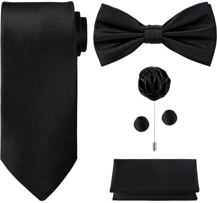 TIE G 5pcs Tie Set in Gift Box : Solid Color Necktie, Satin Bow Tie, Pocket Square, Lapel, Cuff Links (Black)