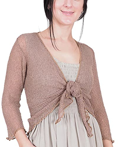 Mimosa Ladies Crochet Shrug Bolero Glitter or Plain Super Stretchy Lace Fish Net Tie at Waist Bolero Open Cardigan Fits UK 6-28