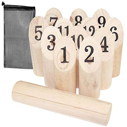 WELLGRO finnisches Wurfspiel 14-TLG. - für 2-8 Spieler, massiv Holz, Wikingerspiel inkl. Spielanleitung und Netzbeutel - Wikingerkegeln Nummernkubb