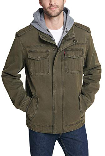 Levi's Mens Washed Cotton Hooded Military Jacket, Olive/Polytwill Lined, Medium US