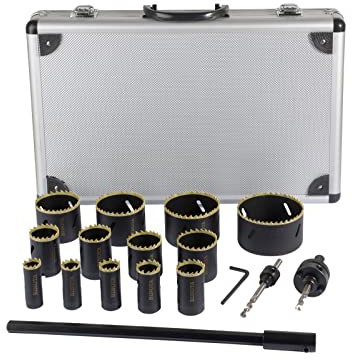 BINOTA Sierra Perforadora Bimetálica M42, Kit 19-76 mm, para Metal, Madera, Madera Contrachapada, PVC, Tablero de Fibra, Panel de Yeso, Juego 19 20 22 25 29 32 35 38 44 51 57 64 76mm