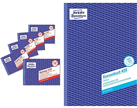 AVERY Zweckform 1742-5 Quittungsblock Kleinunternehmer (A6 quer, 2x40 Blatt mit Durchschlag, fälschungssicher, ohne MwSt.) weiß/gelb, 5er-Pack & 426 Kassenbuch (A4, 100 Blatt) weiß