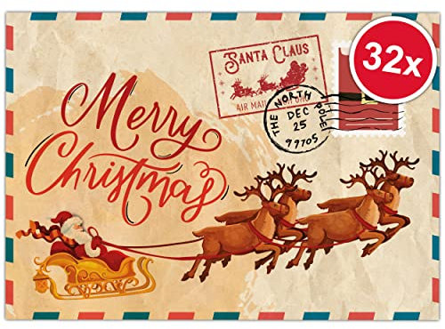 Weihnachtskarten Set (32 Stück) mit weihnachtlichen Motiven - A6 Postkarten für Weihnachten - Eine Christmas Postkarte für jeden deiner Liebsten - Coole Weihnachtspostkarten mit und ohne Sprüche