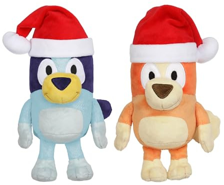 Bluey Toddler Plush Toys Pack of 2, 7-8”, Soft, Festive Holiday Season Plush Figure Toys with Santa Hats, Cuddly Plush Animals for Kids Ages 3+