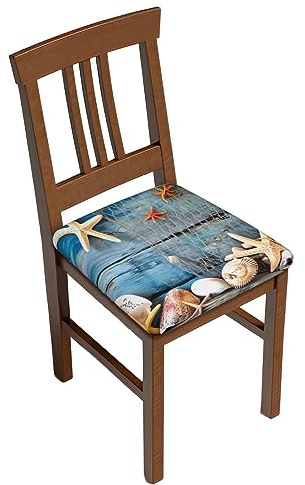 Set Of 4 Removable Chair Seat Covers For Dining Room, Seashells Starfish Beach Stretchable Office Kitchen Chair Slipcovers Cushion Protector Summer Fishing Net Furniture Decor, 16.9x16.9 Inches