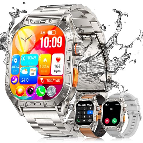 LIGE Militär smartklocka för män (3 remmar), 1,96 tum HD stor AMOLED robust smartklocka för Android iOS, uppgraderad fitnessmätare 5 ATM vattentät/puls/sömnskärm, silver sportklocka med 120+