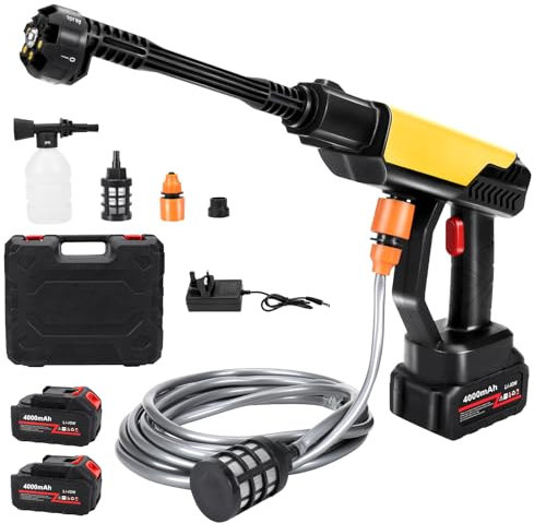 WingFly Pistola de Agua a presión, Hidrolimpiadora de Alta Presion con 2 X 4000mAh Batería, 60 Bar Hidrolimpiadora de Bateria Portatil, para Coche/Suelo/Jardín Limpieza y riego