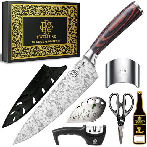 Dwelluxe Chef Knife, Ultra Sharp 8 inch Kitchen Knife with 7 Accessories, Professional, High Carbon Stainless Steel, Carving Knife with Pakkawood Handle, Luxury Gift Box for You, Family & Restaurant