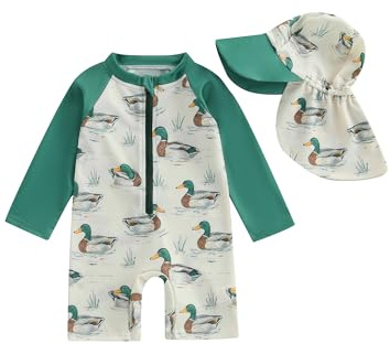 LYSINK Toddler Baby Boy 2 Pieces Swimsuit Long Sleeve Zipper Rash Guard Swimwear Summer Bathing Suit with Sun Hat Set (A-a-Green, 18-24 Months)