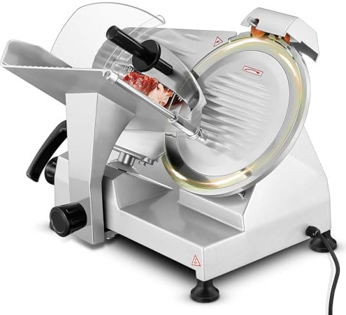 Allesschneider Elektrische Aufschnittmaschine, 240W Kommerzieller Fleisch Allesschneider, Fleischschneidemaschine Lebensmittelschneider mit 25,4 cm-Kohlenstoffstahlklinge, 0-12mm Schnittdicke, Silber