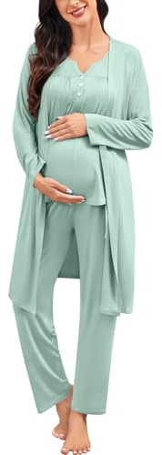 SWOMOG Maternity Nursing Pajamas Sets 3 PCS Women Postpartum Pajama Breastfeeding 3 in 1 Labor Delivery Button Pregnancy Pjs Sage Green