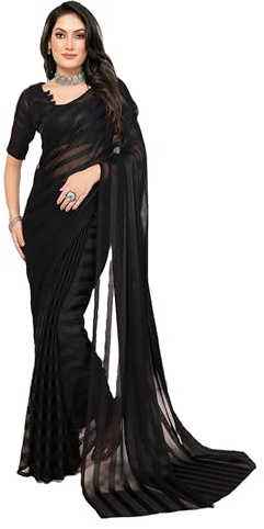 SAREE for WOMEN ETHNICMODE Indian Soft Satin Light Weight Party Wear Black Sari With Unstitched Black Blouse Piece-1104