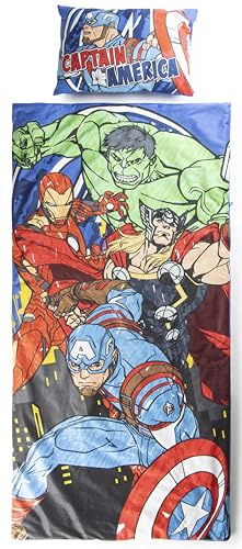 Jay Franco Marvel Avengers Schlafsack- & Kuschelkissen 2er-Set für Kinder – weicher Indoor-Schlafsack mit Tragegriff, ideal für Klassenfahrten & Übernachtungen
