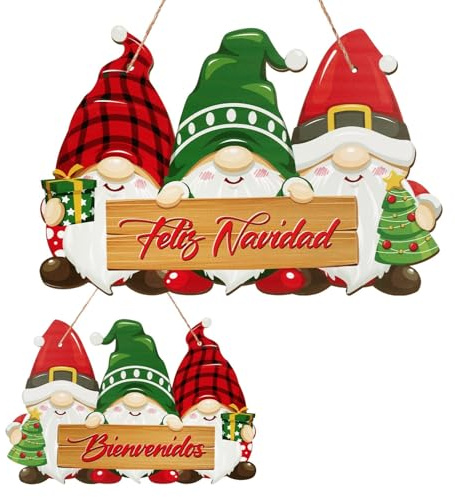 LEMESO Letrero Colgante de Navidad para Puerta 30 x 20 cm, Cartel de Madera Doble Cara para Entrada Decoración Navideña de Casa