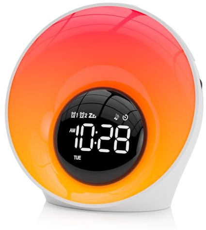 AFEXOA Réveil Lumineux, Reveil Lumière Simulateur d'Aube avec 2 Alarmes, 7 Sonneries/Snooze/30 Sons de Sommeil/Minuterie, Lampe de Chevet avec 14 Couleurs Veilleuse, Cadeaux pour Enfants Adultes