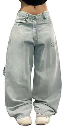 Jean surdimensionné pour femme - Jean cargo baggy avec plusieurs poches Y2k Streetwear - Pantalon décontracté - Taille mi-haute - Grande taille - Salopette graphique amusante - Pantalon Max - Pantalon