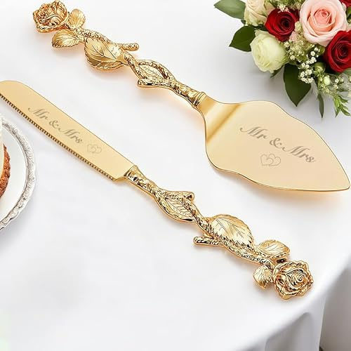 Mocessory Set per tagliare la torta per matrimonio, set di coltelli e posate per torta dorati personalizzati, set per servire la torta personalizzato