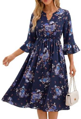 VALOLIA Women's Floral Midi Dress V Neck 3/4 Bell Sleeve - Chiffon A-Line Flowy Business Casual Dresses for Summer Wedding Guest Cocktail Party Church Graduation & Vacation (Blue Floral L)