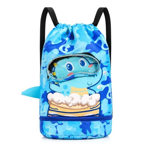 xolear Dinosaurio Mochila Piscina Niña Niño, Separación en Seco y en Húmedo | Mochila Cuerdas, Bolsas Individuales para Zapatos, Bolsa Impermeable Piscina para Piscinas, Deportes, Playas y Viajesvd