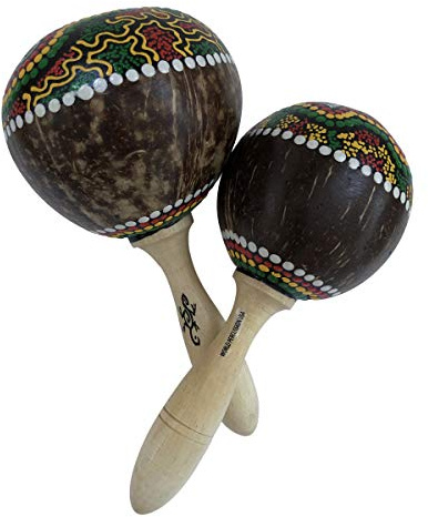 Large Coconut Maracas Shaker Pair - Authentic World Percussion Instrument - Hand-Painted Design, Stained Handle, Filled with Pebbles and Beads by World Percussion USA