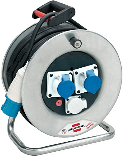 Brennenstuhl 1193256 enrollacables 50 m Serie Garant SK de Acero galvanizado anticorrosión, Enchufe CEE 3 Pines 230 V/16 A y 2 enchufes CEE 3 Pines 230 V/16 A, diámetro 32 cm