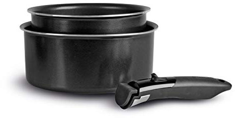 Sitram 713284 Juego de 2 cacerolas Ø16 y 20cm en aluminio antiadherente negro - Mango extraíble - Todos los fuegos EXCEPTO inducción