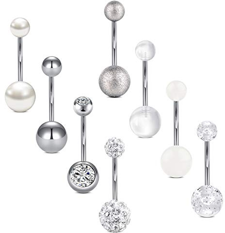 Crdifu Lot de 8 Piercings Nombril en Acier Inoxydable - Barre Longues 14mm (14G), Percing au Nombril Hypoallergénique Argent - Bijou de Corps Femme