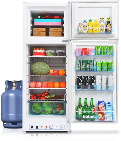 SMETA Frigo a gas propano da 220V, con congelatore e fuori-griglia, per camper, full size 275 l, grande capacità, bianco