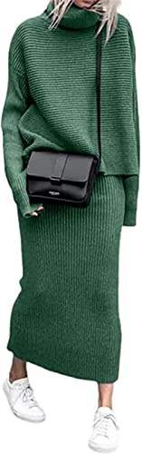 ZIBLER Set di gonne lavorate a maglia invernali da donna in 2 pezzi - Maglione dolcevita a costine spesse con gonna lunga a tubino (Verde,XXL)