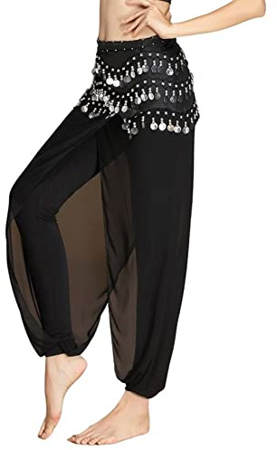Leemiman Pantalones de danza del vientre para mujer, para yoga, ballet, baile folclórico chino, disfraz de baile clásico, de gasa, pantalones harén, Negro, L