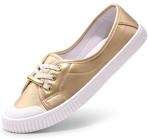 Harvest Land Womens Canvas Shoes Low Top Flat Gym Sports Pumps Trainers Lace Up Flat Ladies Girls Fashion Pumps Gold UK 5.5