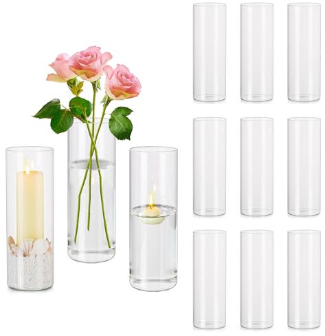 Hewory Zylinder Vase Glas 12 Stück Blumenvase, 20cm Modern Vasen Set Glasvase Deko Vasen, Tulpenvase Windlicht Glas Kerzenhalter Für Stumpenkerzen Schwimmkerzen Für Hochzeitsdeko Deko Wohnzimmer