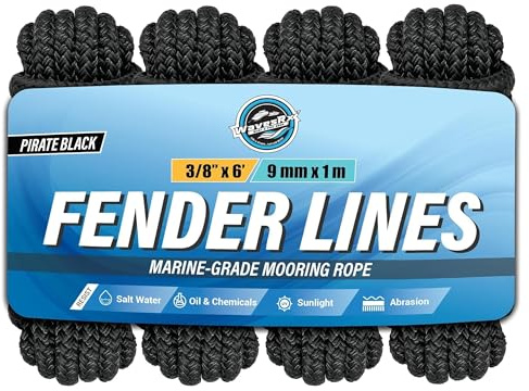 WavesRx Premium Fender Line - 4 Pack | Double Braided Nylon Boat Lines and Ropes for Docking Buoys & Fenders | Marine Dock Ropes for Boats, Pontoons (Black)