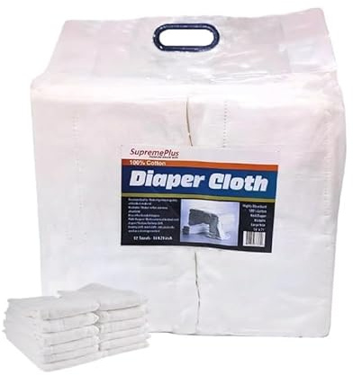 SupremePlus Prefold Cloth Diapers - 12 Pack, 21 x 14 inches - 4 Ply Ultra Soft, Super Absorbent, Washable, Reusable Cotton Burp Cloths for General Cleaning, Glass, Windows, Cars - White