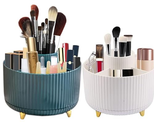 AMZMUKAUP Porta Trucchi Organizer, Organizer per Trucchi Cosmetici, Girevole a 360° Portapenne da Scrivania 5 Scomparti per Comò, Camera da Letto, Bagno (Bianco+Verde)