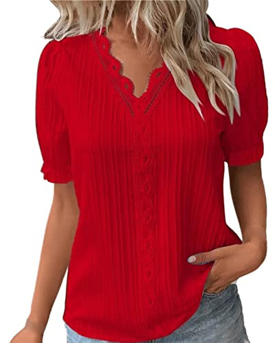 Chemisier Femme en Dentelle Été Hauts à Manches Courtes Col V Blouse Chic et Élégant Tee Shirt Décontracté Couleur Unie Shirt Mode Ample Tops Tunique 2026