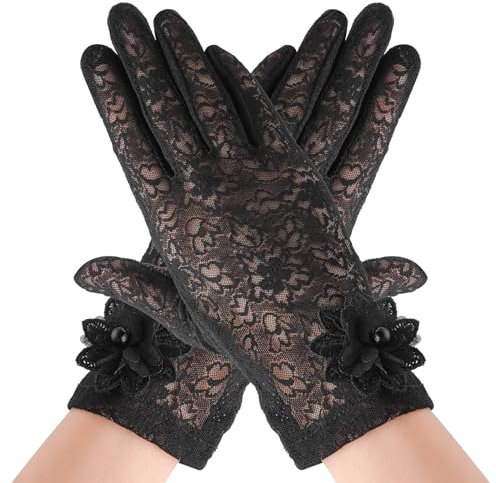Lusofie Spitzen Handschuhe Schwarz für Damen Elegante Kurze Handschuhe Spitze Dehnbare Handgelenklange mit Touchscreen für Halloween Braut Opernball Sommer Sonnenschutz UV Fahrhandschuhe
