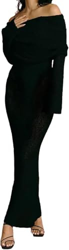 LLECDASEUI Robe maxi en tricot à épaules dénudées au crochet pour femmes robes de soirée de vacances moulantes en maille sexy à manches longues (Noir,L)