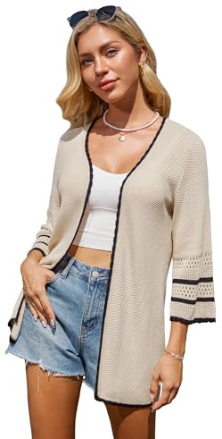 GRACE KARIN Womens Summer Casual Open Front Kimono Cardigans 3/4 Sleeve Boho Beach Cover up Beige XL
