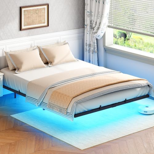HOOBRO Lit 160 x 200 cm, Cadre de Lit avec éclairage LED et Station de Charge, Lit Double en métal avec Rangement, Cadre en Métal, Structure Robuste, Noir EBK023CDBF01