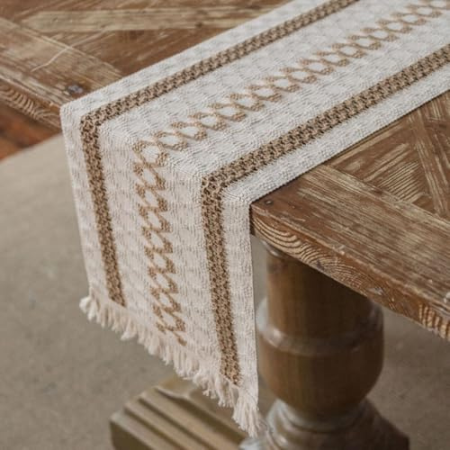 Bordslöpare boho beige, tvättbar bordslöpare med tofsar, bordsduk för kök matbord bordsdekoration inomhus semester festdekor, 30 x 160 cm