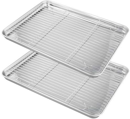 CHUEN Set med 4 rektangulära ugnsformar i rostfritt stål med galler, 40,5 x 30,5 x 2,5 cm, 2 plattor och 2 kylgaller för bakverk, kök, grill