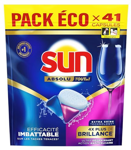 Sun - Pastilles Lave-Vaisselle - Tout en 1 Absolu Brillance - Efficacité Imbattable sur les Tâches Tenaces - 41 Lavages