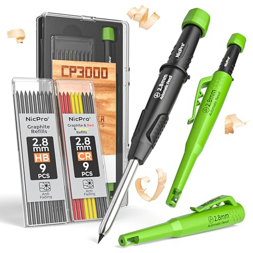 Nicpro CP3000 crayon chantier avec taille-crayon, porte mines avec 19 recharges, marqueur pour trous profonds pour la construction, crayon de construction robuste, outil de travail du bois