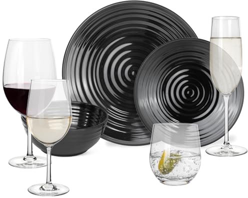 Vaisselle de camping en mélamine pour 4 personnes - Noir pierre foncé + 16 verres Timo - Verres à eau - Verres à vin - Verres à champagne - Vaisselle de table - Pour pique-nique et barbecue